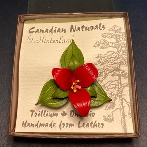 Vintage Canada’s “Hinterland" Handcraft Leather Red Trillium Flower Pin; NOS/NIB